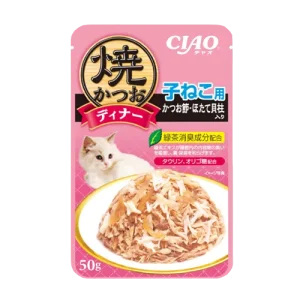 ปลาทูน่าย่างชิ้นย่อยในเยลลี่กับรสปลาโอสไลซ์และหอยเชลล์สำหรับลูกแมว